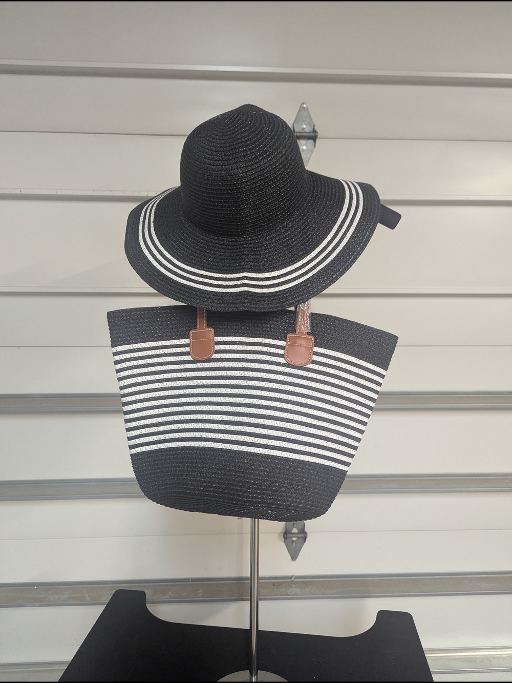 Striped Black & White Straw Beach Hat and Tote Set